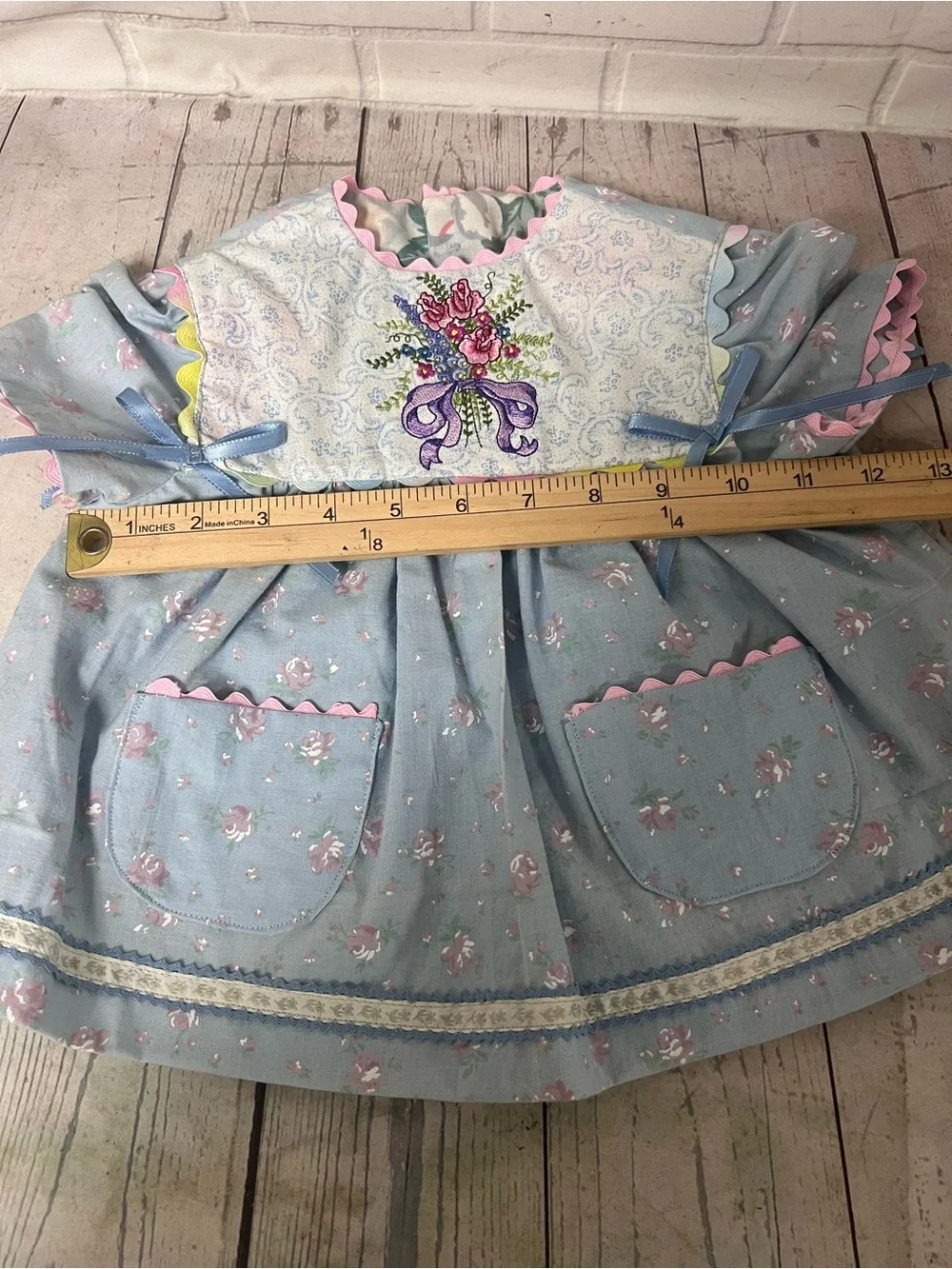 Vintage Hand Made Size 9-12 Months Baby Dress Embroidered Flower Bow Blue